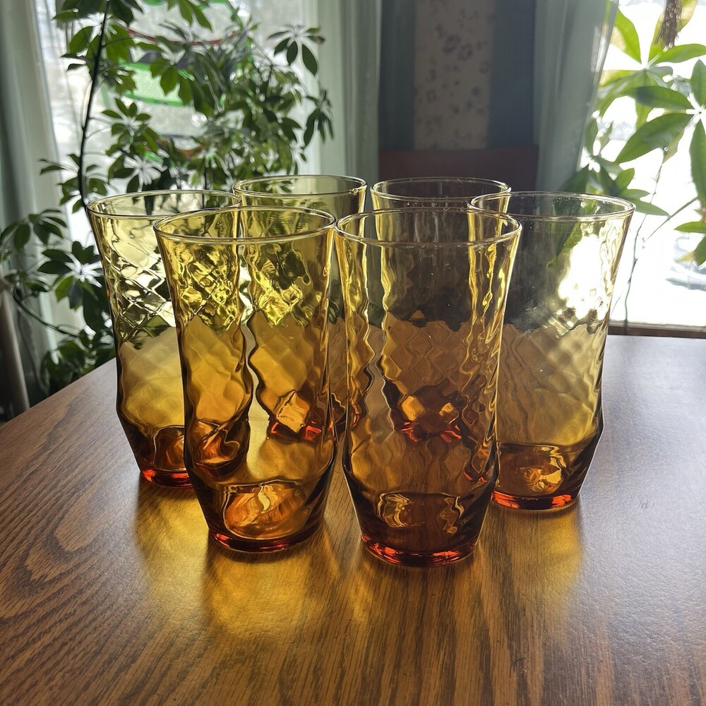 VTG Set of 6 Libbey Optic Swirl Tumblers Amber Honey Gold 7” Iced Tea Glasses